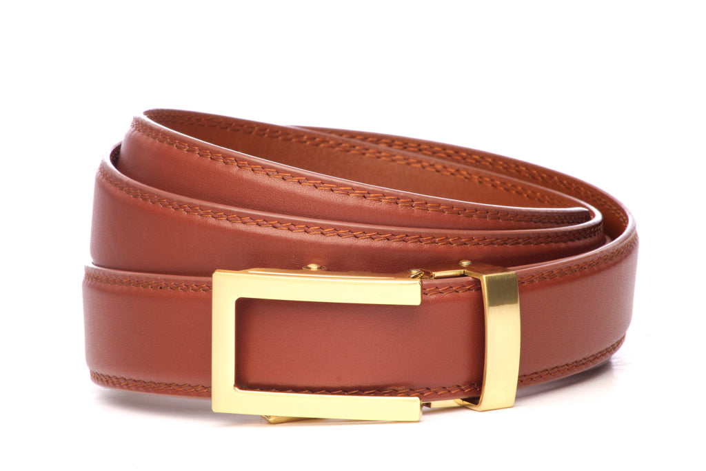 Men’s cognac leather belt strap with traditional buckle in gold, formal look, 1.25 inches wide