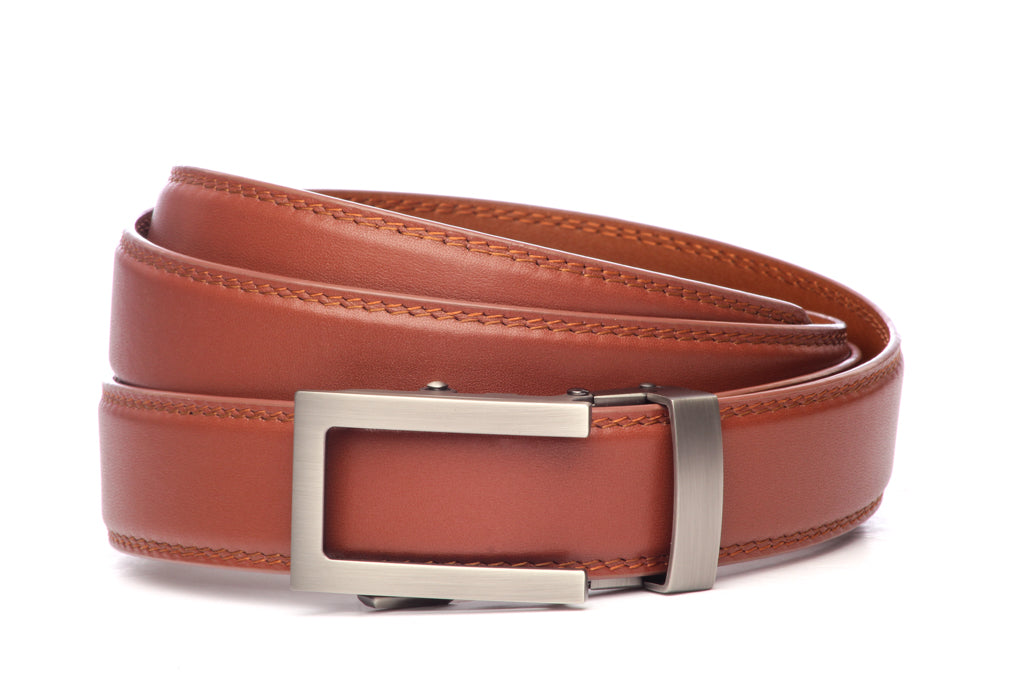 Men’s cognac leather belt strap with traditional buckle in gunmetal, formal look, 1.25 inches wide