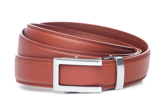 Men’s cognac leather belt strap with traditional buckle in silver, formal look, 1.25 inches wide