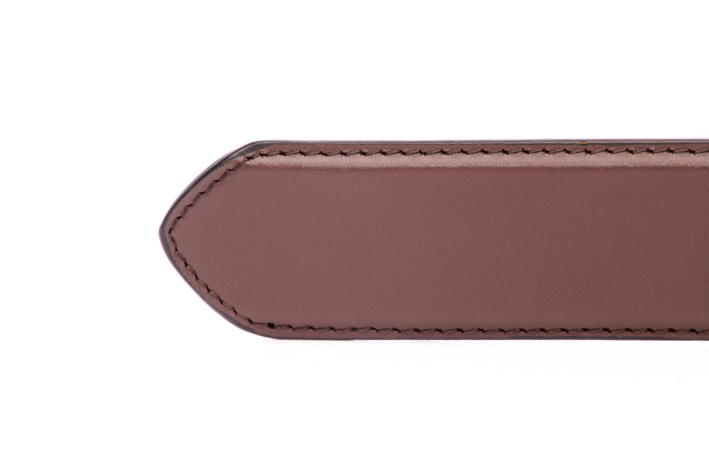 Men's concealed carry belt strap in chocolate, 1.5 inches wide, formal look, tip of the strap