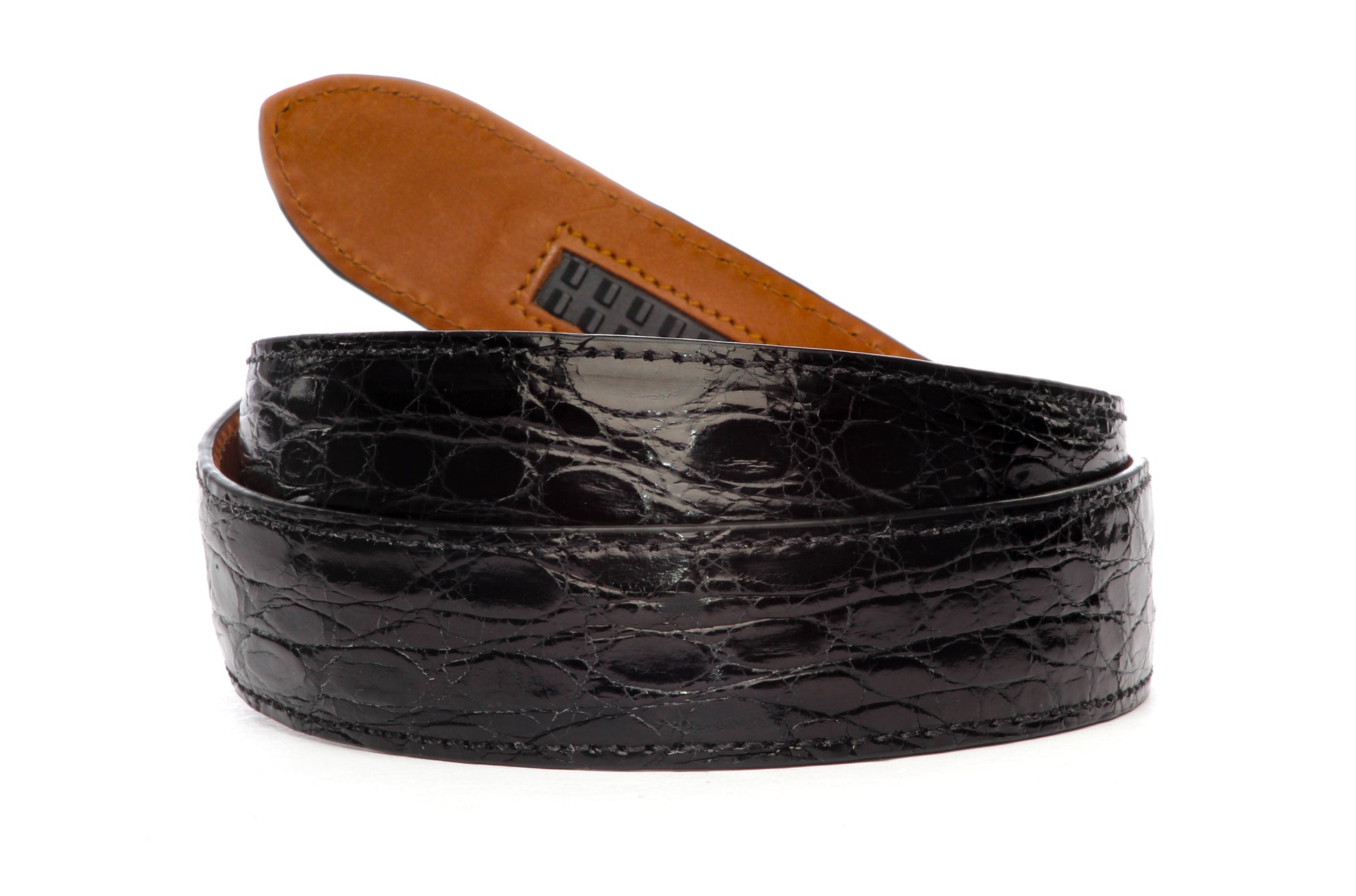 Men's crocodile belt strap in black, 1.5 inches wide, formal look, full roll