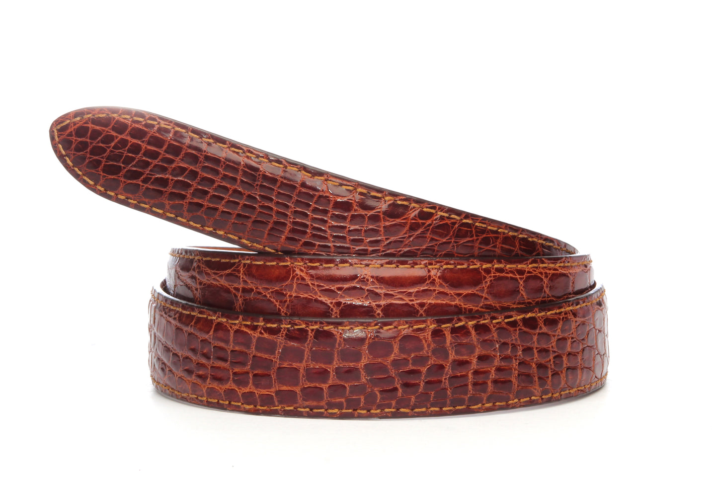 Men's crocodile belt strap in cognac with a 1.25-inch width, formal look, full roll