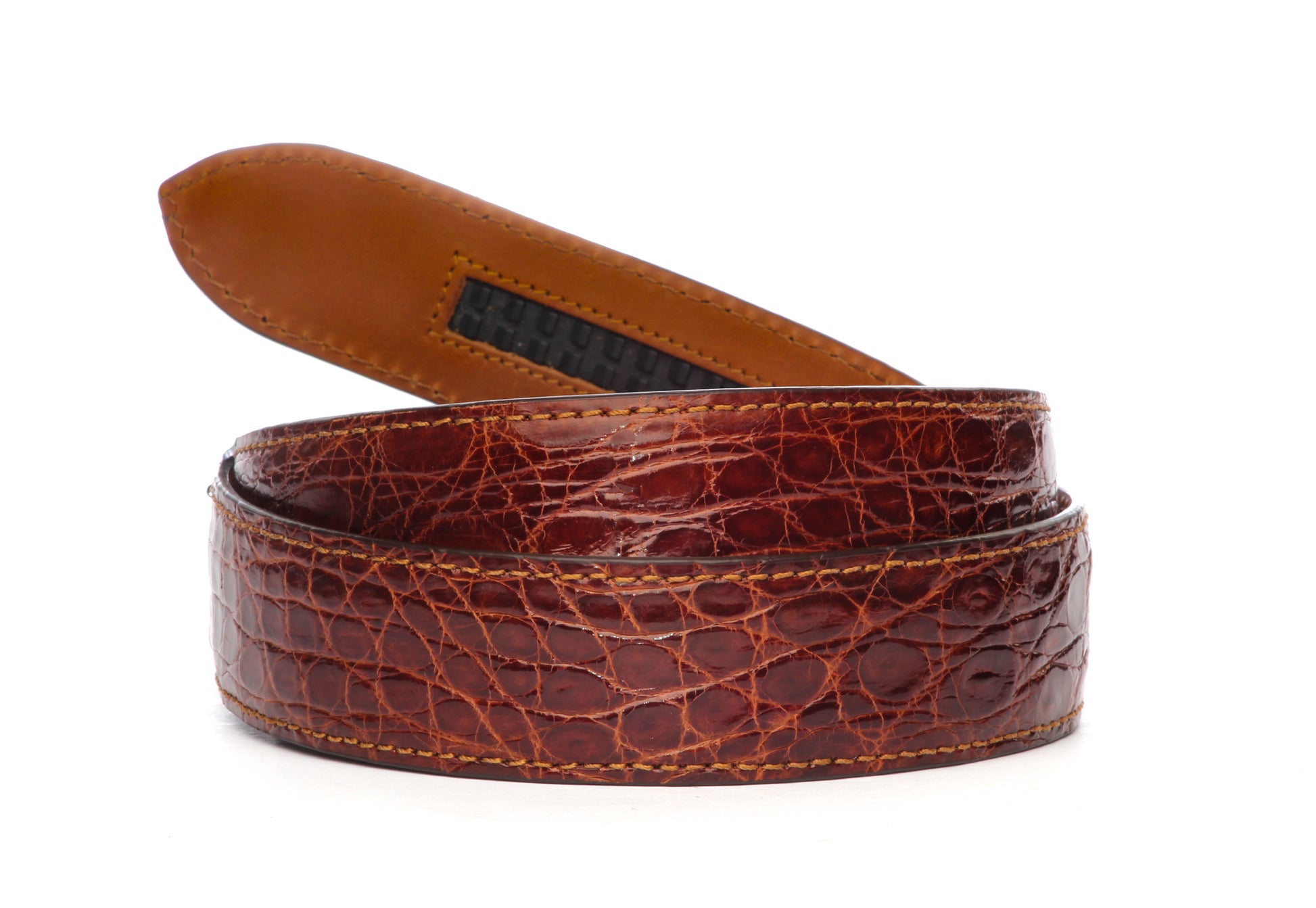 Men's crocodile belt strap in cognac, 1.5 inches wide, formal look, full roll