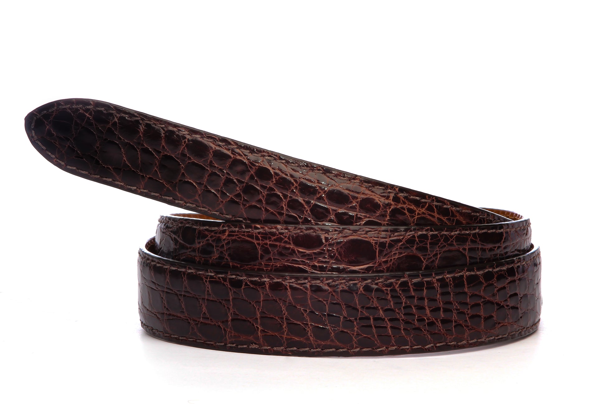 Men's crocodile belt strap in dark brown with a 1.25-inch width, formal look, full roll