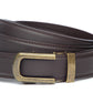 Men’s dark brown leather belt strap and traditional buckle in antiqued gold with a curve, formal look, 1.25 inches wide