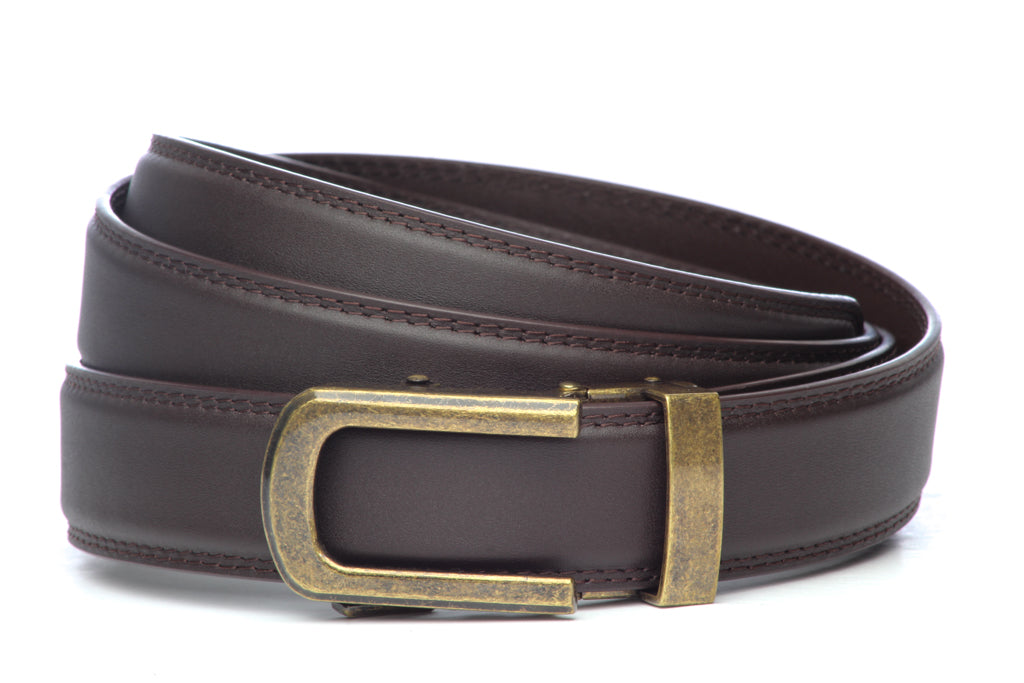 1.25" Dark Brown Leather w/buckle, Traditional in Antiqued Gold with a Curve 1.25" Dark Brown Leather w/buckle, Traditional in Antiqued Gold with a Curve
