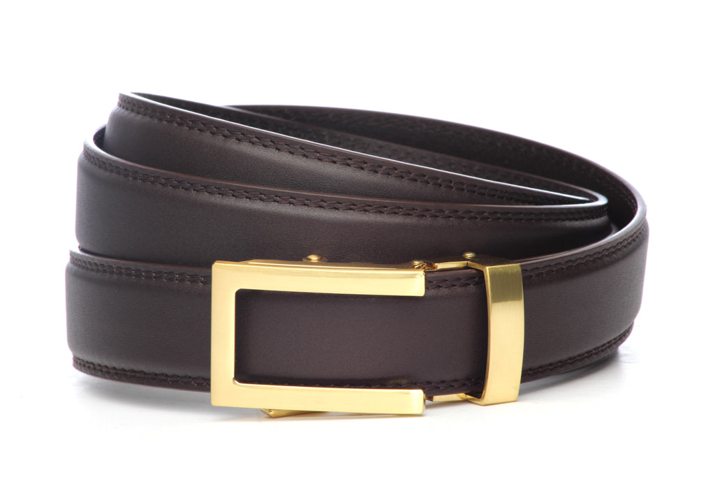 Men’s dark brown leather belt strap with traditional buckle in gold, formal look, 1.25 inches wide