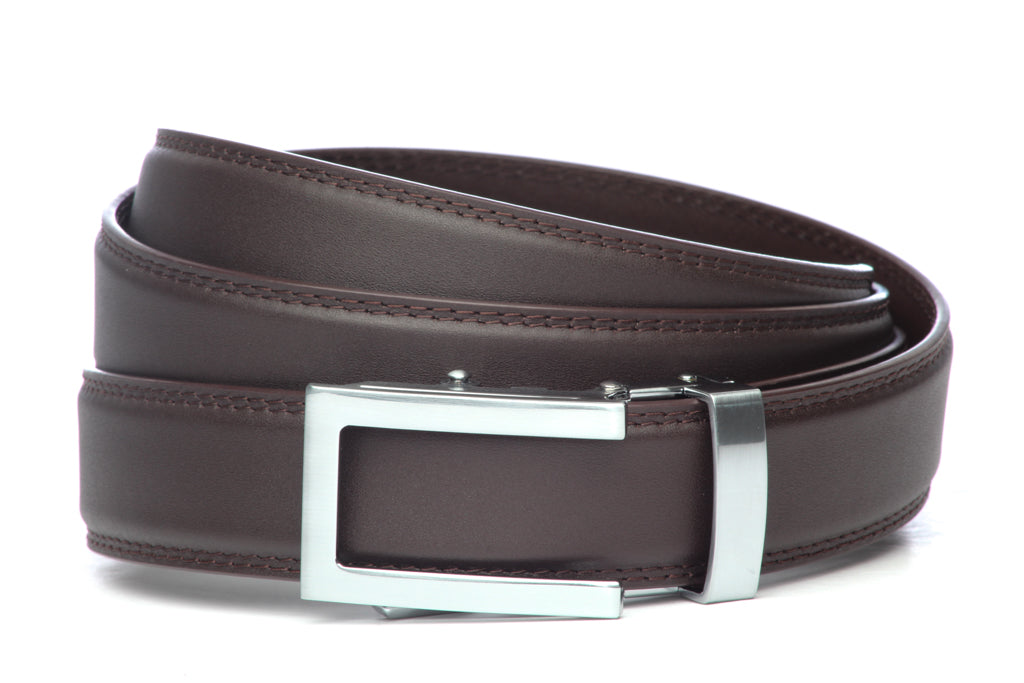 Men’s dark brown leather belt strap with traditional buckle in silver, formal look, 1.25 inches wide
