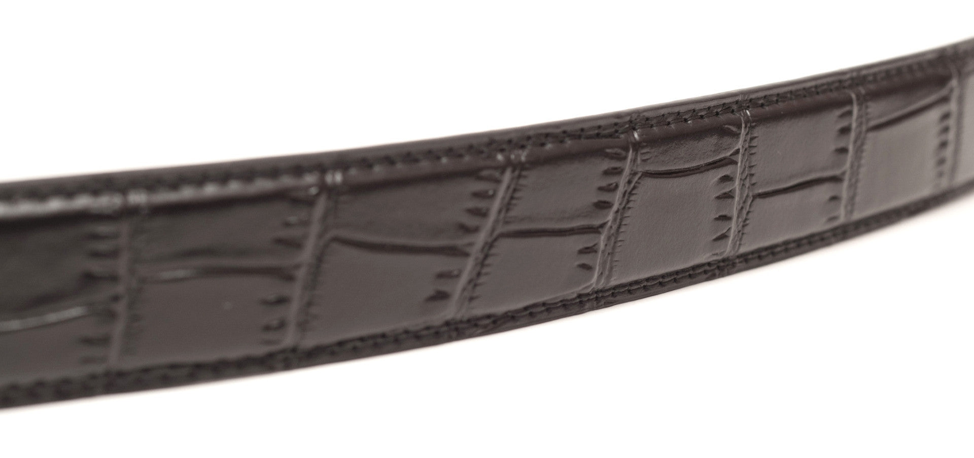 Men's faux croc belt strap in black with a 1.25-inch width, formal look, stitching close up