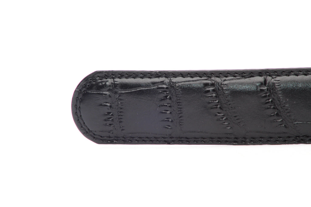 Men's faux croc belt strap in black with a 1.25-inch width, formal look, tip of the strap