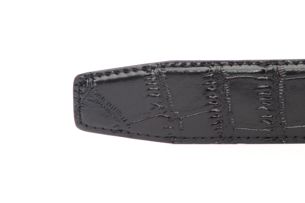 Men's faux croc belt strap in black, 1.5 inches wide, formal look, tip of the strap