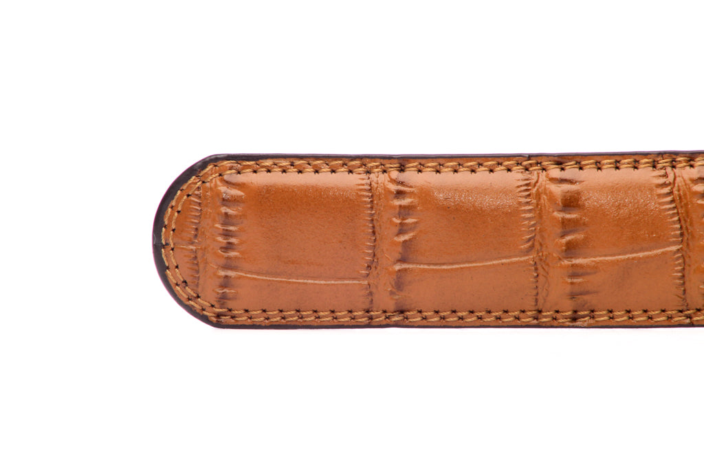 Men's faux croc belt strap in light brown with a 1.25-inch width, formal look, tip of the strap