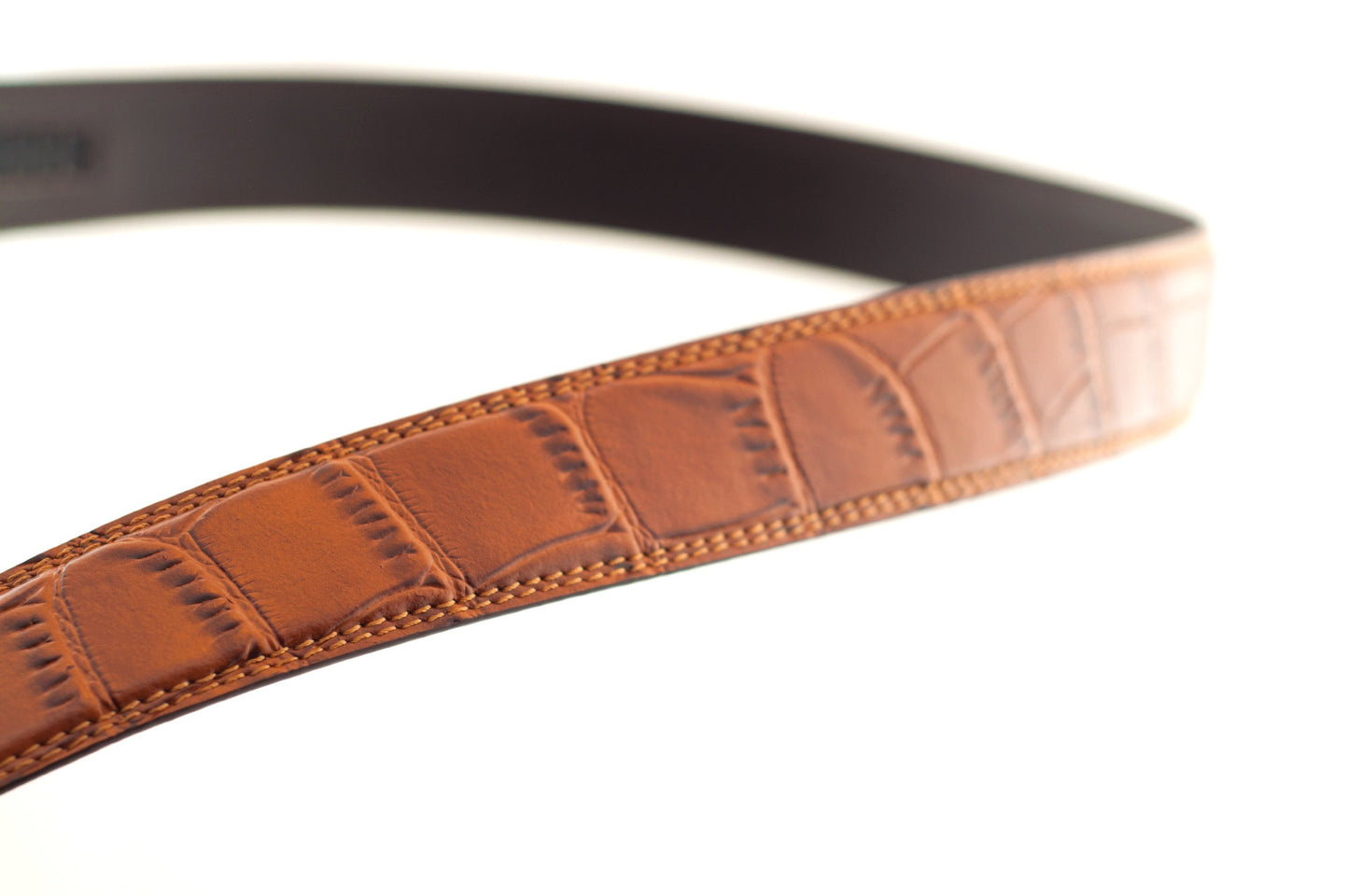 Men's faux croc belt strap in light brown with a 1.25-inch width, formal look, texture and stitching