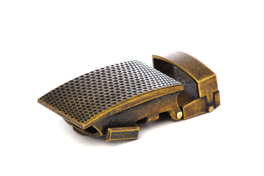 Men's golf ratchet belt buckle in antiqued gold with a 1.25-inch width.