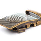 Men's golf ratchet belt buckle in antiqued gold with a width of 1.5 inches.