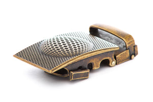 Men's golf ratchet belt buckle in antiqued gold with a width of 1.5 inches.