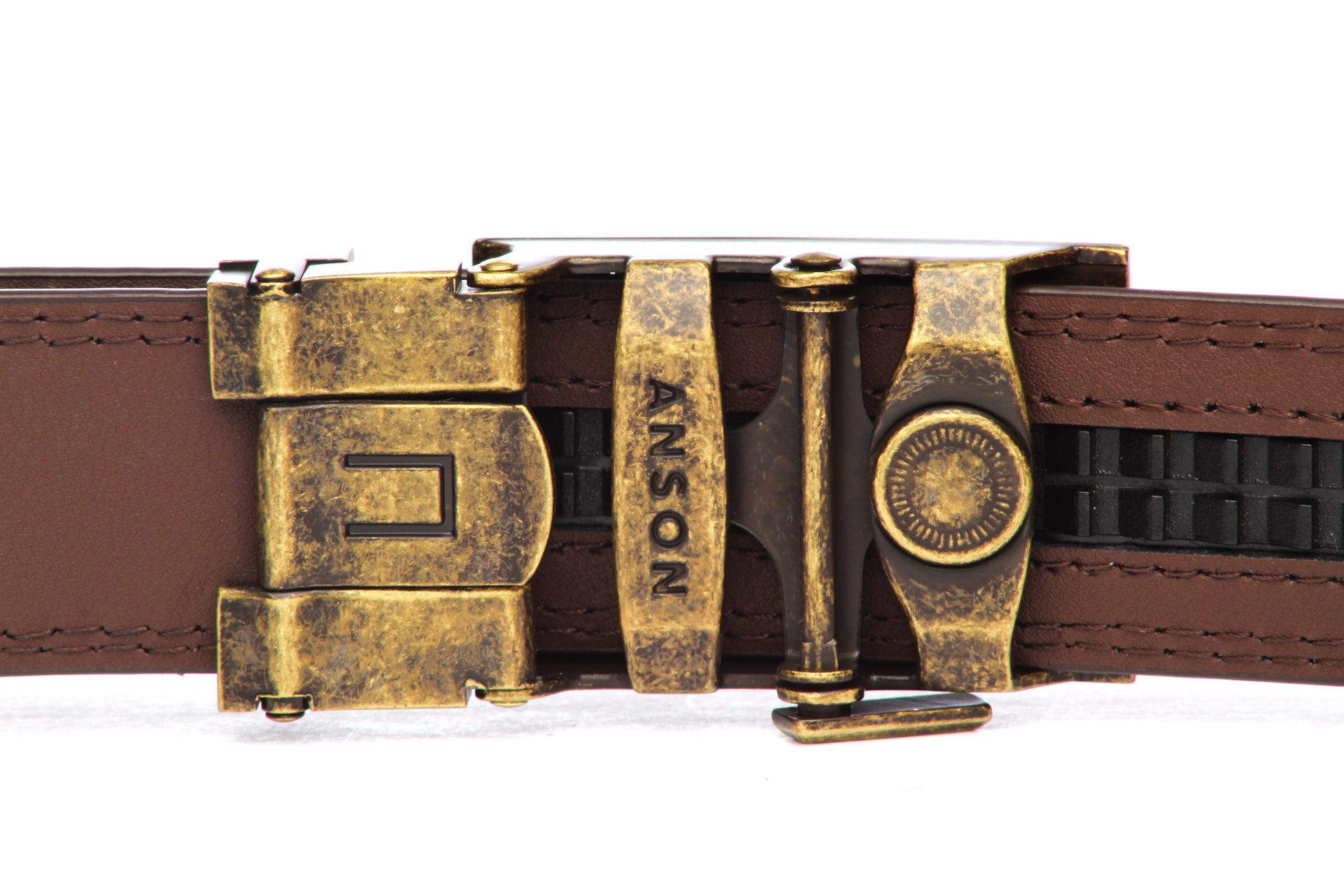 Men's golf ratchet belt buckle in antiqued gold with a 1.25-inch width, back view.