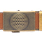 Men's golf ratchet belt buckle in antiqued gold with a width of 1.5 inches, front view.