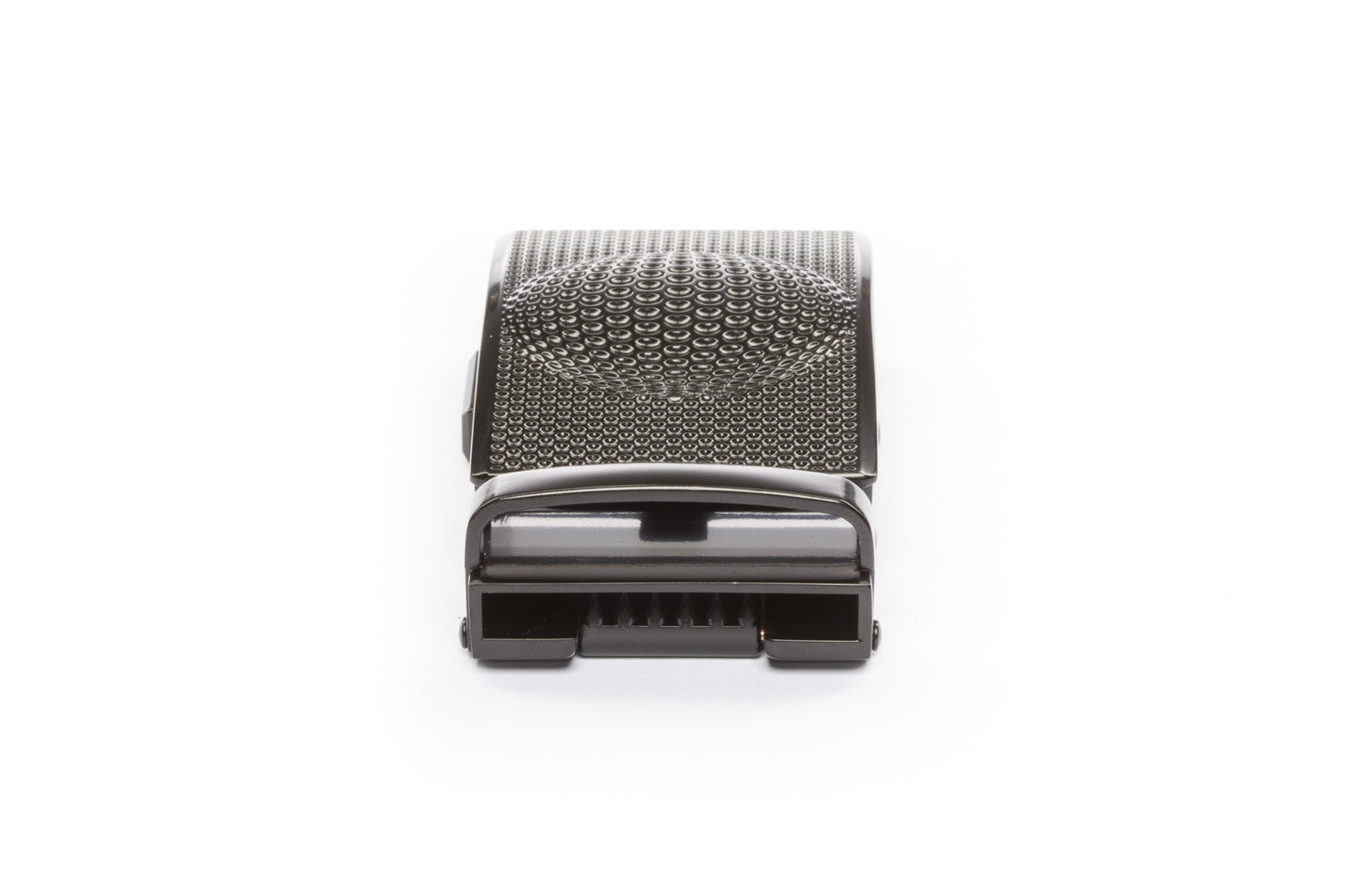 Men's golf ratchet belt buckle in black with a width of 1.5 inches, rear view.