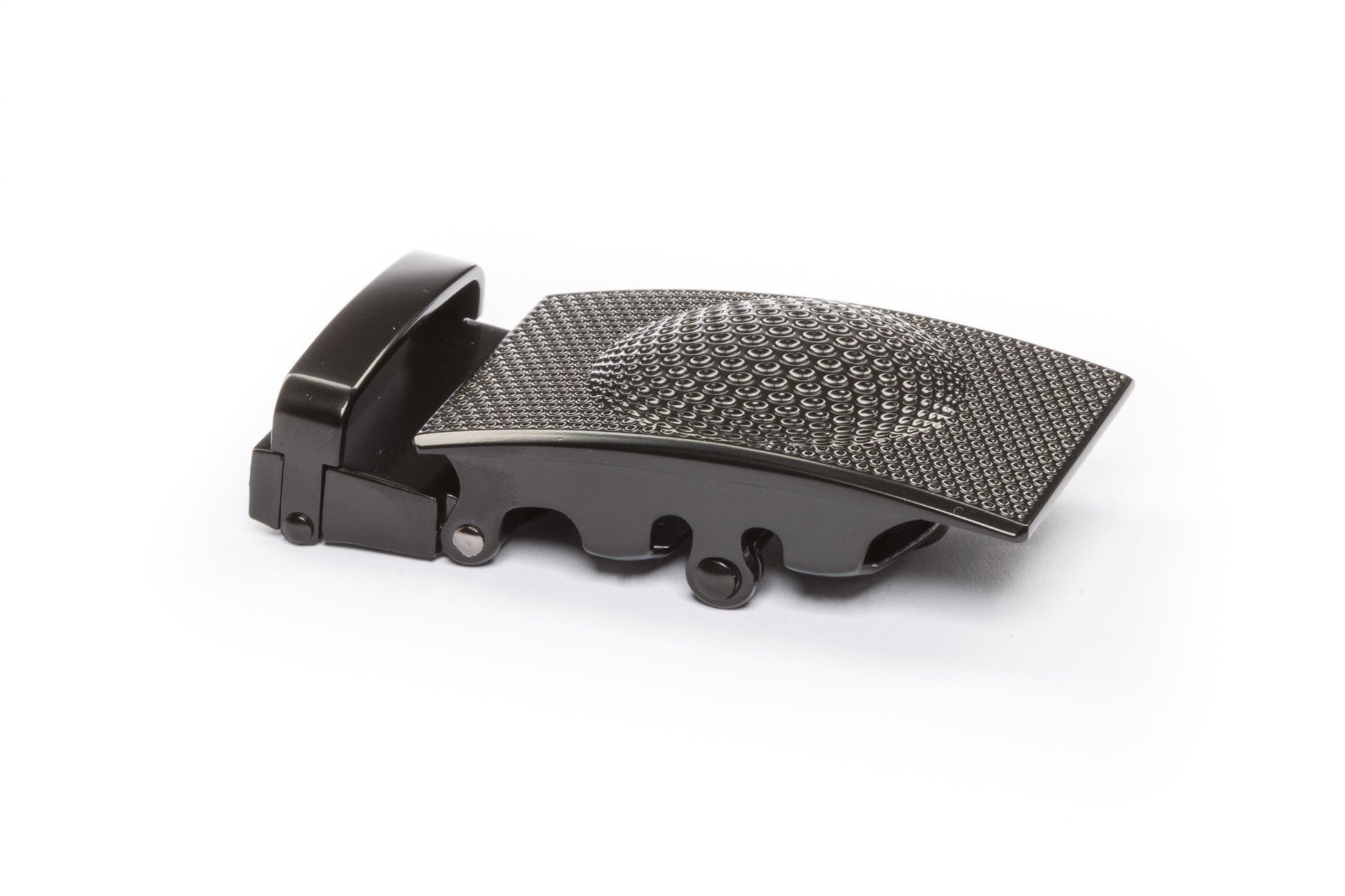 Men's golf ratchet belt buckle in black with a width of 1.5 inches, right side view.