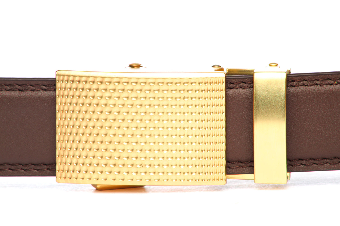 Men's golf ratchet belt buckle in gold with a 1.25-inch width, front view.