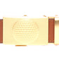 Men's golf ratchet belt buckle in gold with a width of 1.5 inches, front view.