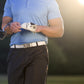 Men's golf ratchet belt buckle in gunmetal with a width of 1.5 inches, complete look.
