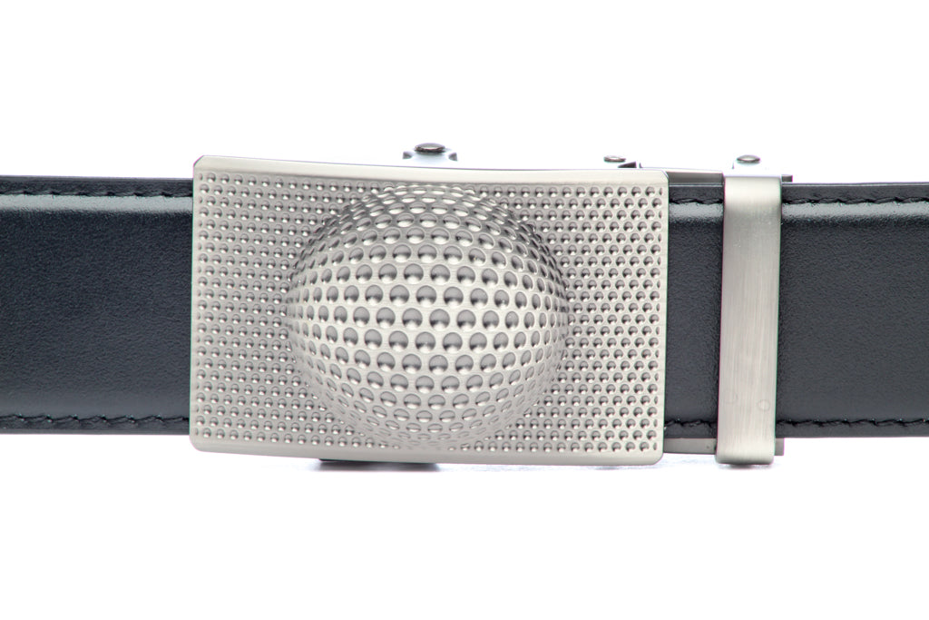 Men's golf ratchet belt buckle in gunmetal with a width of 1.5 inches, front view.