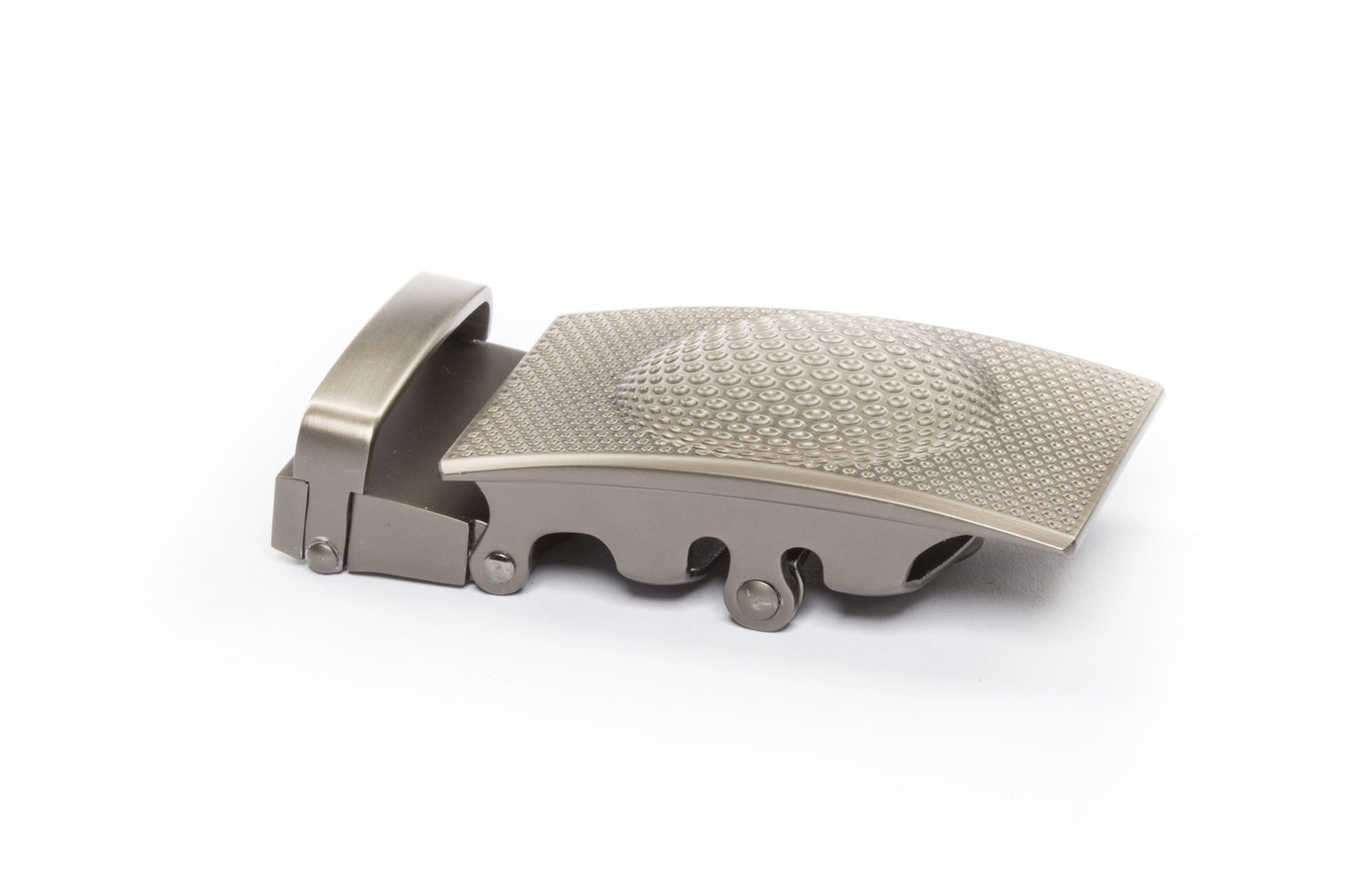 Men's golf ratchet belt buckle in gunmetal with a width of 1.5 inches, right side view.