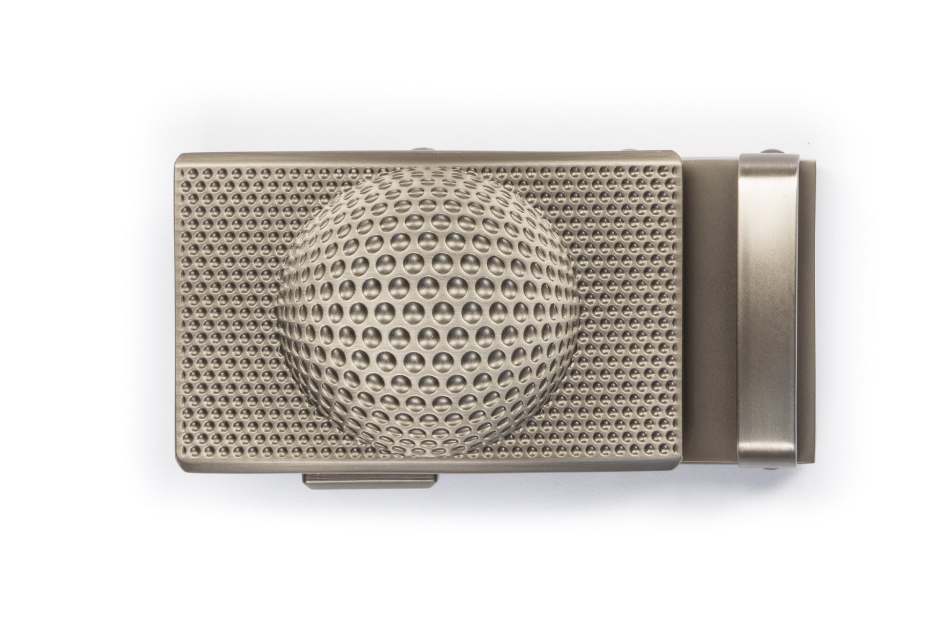 Men's golf ratchet belt buckle in gunmetal with a width of 1.5 inches, top view.