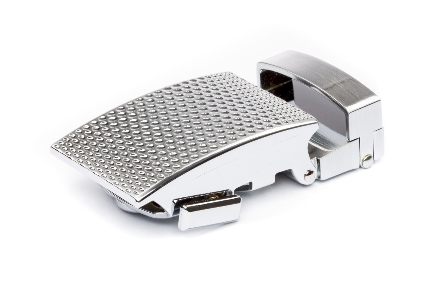 Men's golf ratchet belt buckle in silver with a 1.25-inch width.