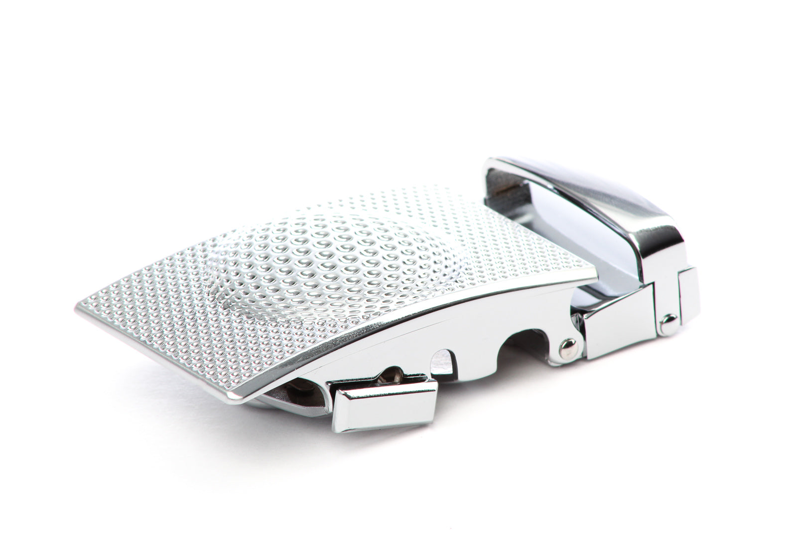 Men's golf ratchet belt buckle in silver with a width of 1.5 inches.