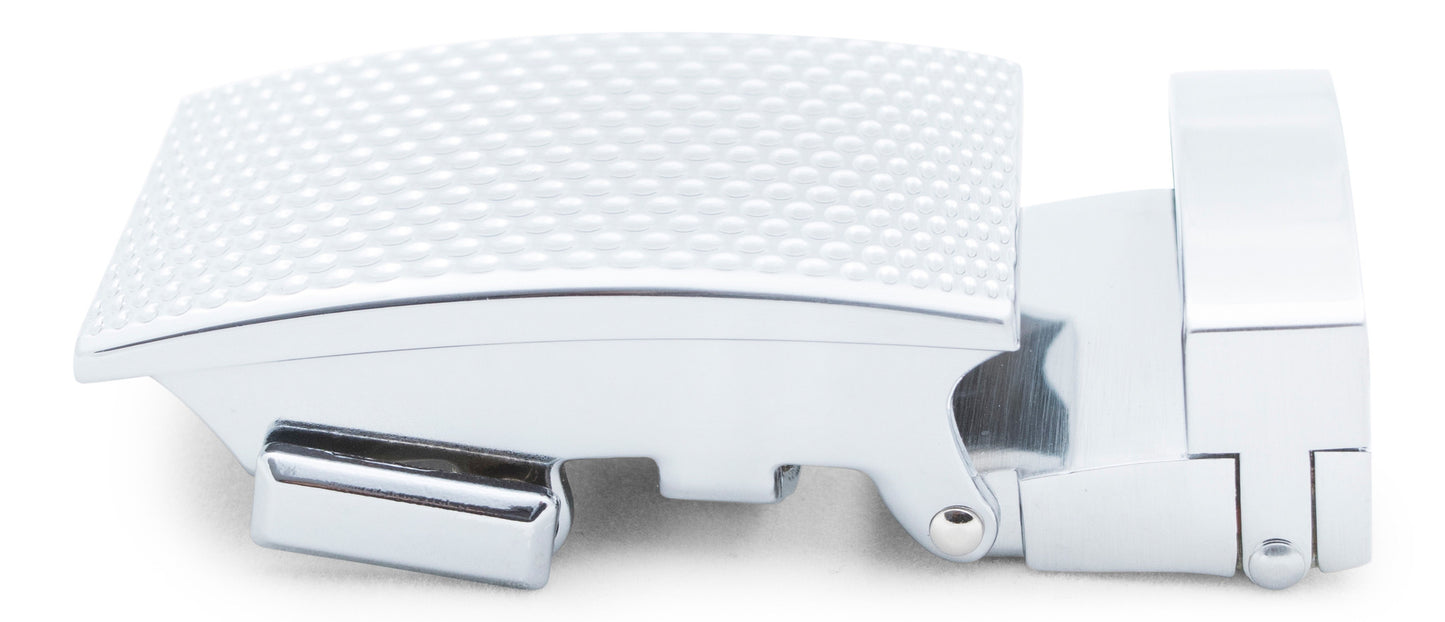 Men's golf ratchet belt buckle in silver with a 1.25-inch width, left side view.