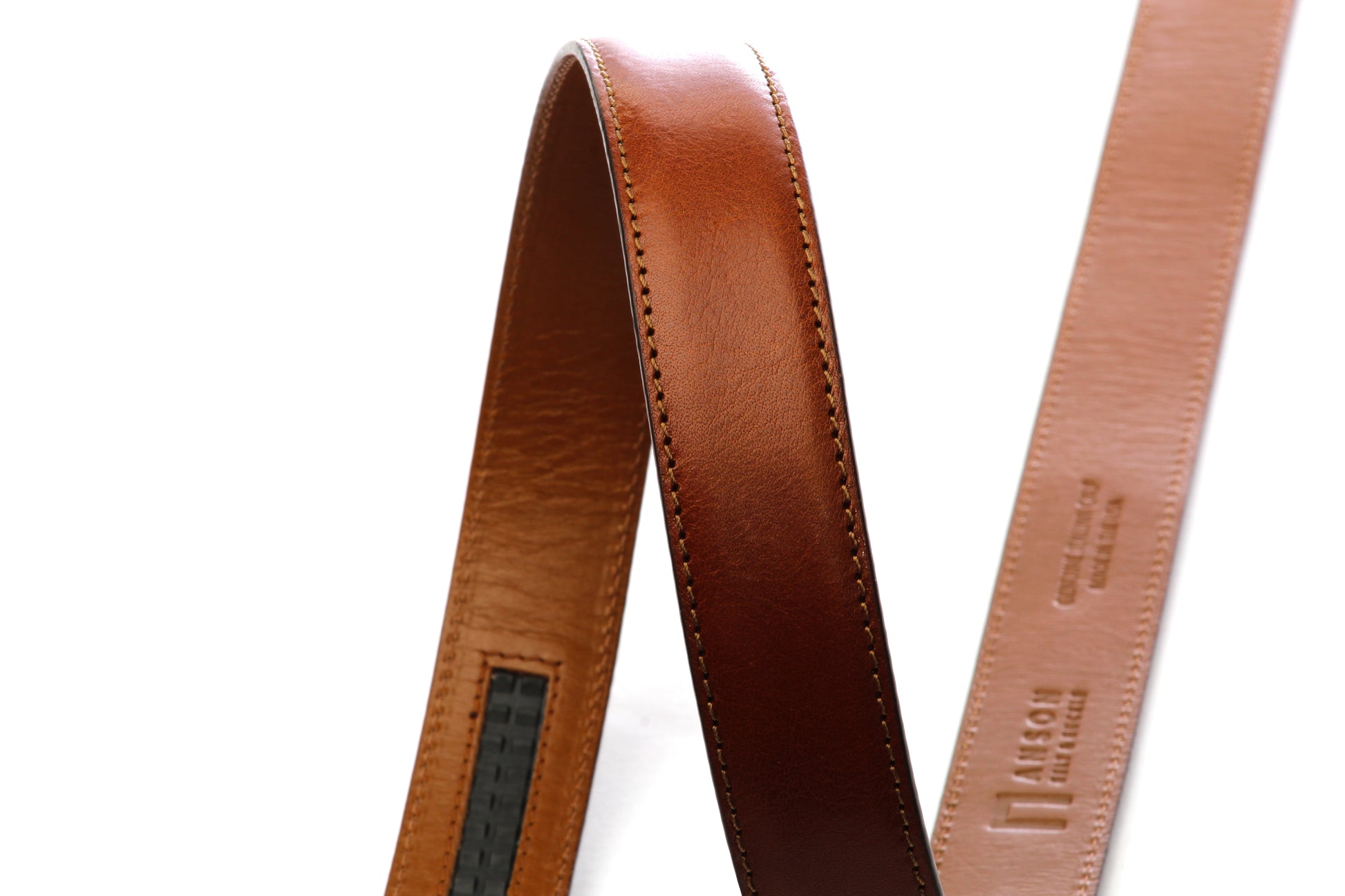 Men's Italian calfskin belt strap in cognac with a 1.25-inch width, formal look, curled up