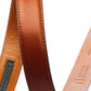 Men's Italian calfskin belt strap in cognac with a 1.25-inch width, formal look, stitching close up
