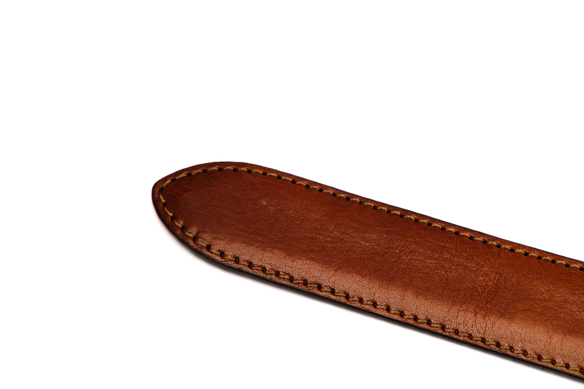 Men's Italian calfskin belt strap in cognac with a 1.25-inch width, formal look, tip of the strap