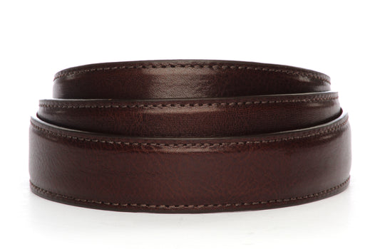 Men's Italian calfskin belt strap in dark brown with a 1.25-inch width, formal look