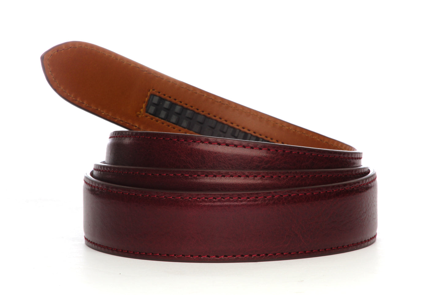 Men's Italian calfskin belt strap in merlot with a 1.25-inch width, formal look, back stitching