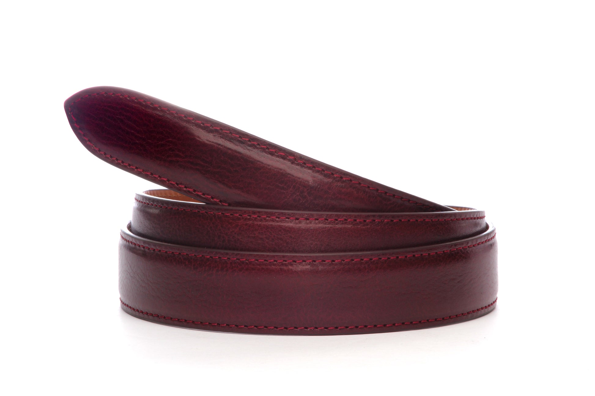 Men's Italian calfskin belt strap in merlot with a 1.25-inch width, formal look, full roll