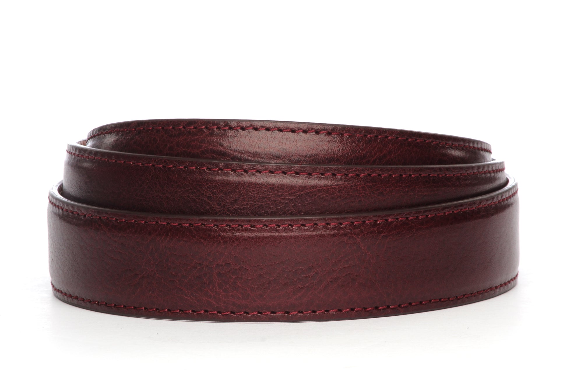 Men's Italian calfskin belt strap in merlot with a 1.25-inch width, formal look