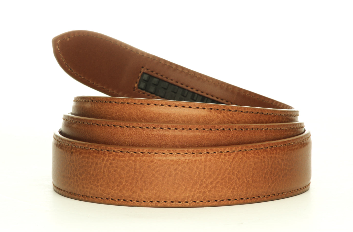 Men's Italian calfskin belt strap in tan with a 1.25-inch width, formal look, full roll closer view