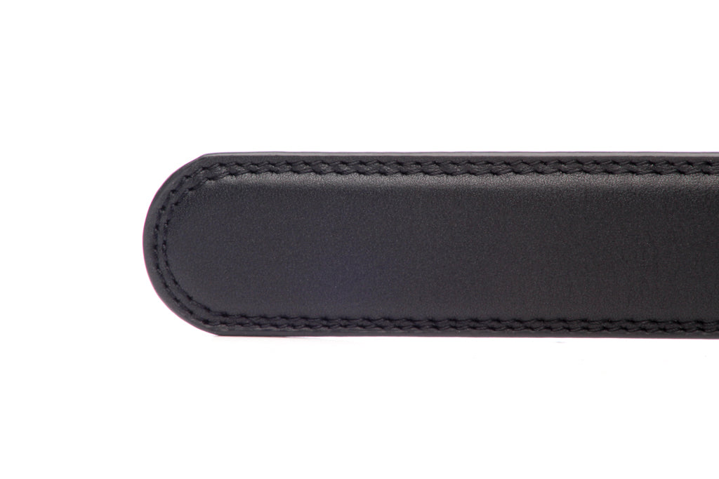 Men's leather belt strap in black with a 1.25-inch width, formal look, tip of the strap