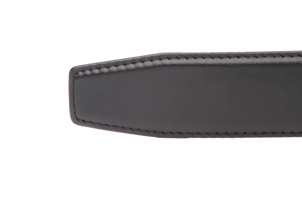 Men's leather belt strap in black, 1.5 inches wide, formal look, tip of the strap