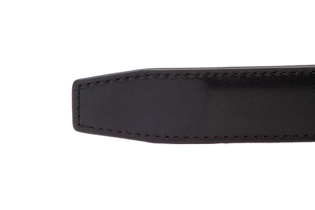 Men's leather belt strap in black vegetable tanned with a 1.25-inch width, formal look, tip of the strap