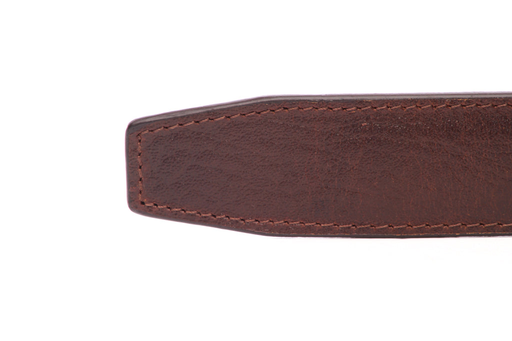 Men's leather belt strap in brown buffalo vegetable tanned, 1.5 inches wide, formal look, tip of the strap