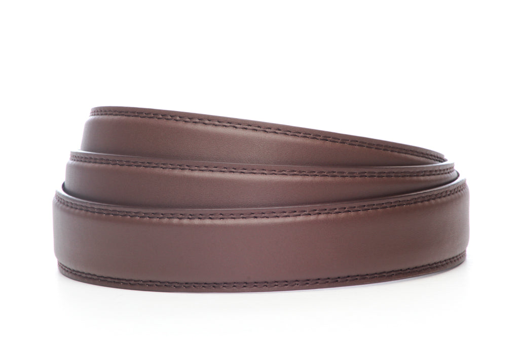 Men's leather belt strap in chocolate with a 1.25-inch width, formal look