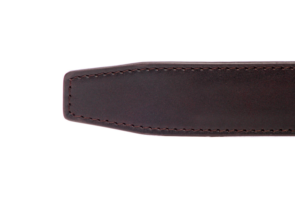 Men's leather belt strap in chocolate vegetable tanned with a 1.25-inch width, formal look, tip of the strap