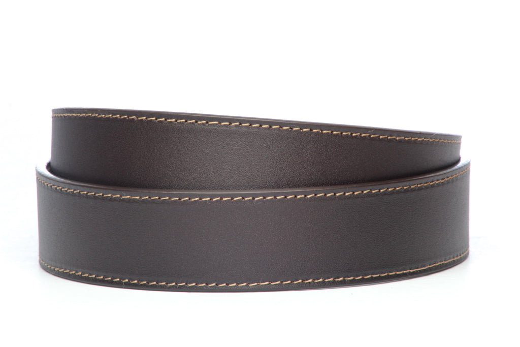 Men's leather belt strap in chocolate vegetable tanned, 1.5 inches wide, formal look