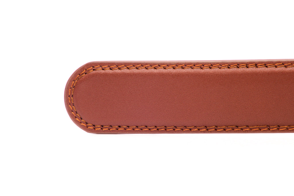 Men's leather belt strap in cognac with a 1.25-inch width, formal look, tip of the strap