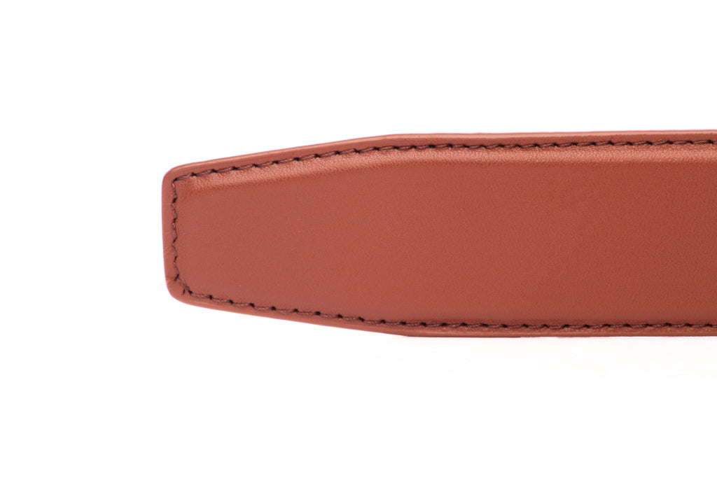 Men's leather belt strap in cognac, 1.5 inches wide, formal look, tip of the strap